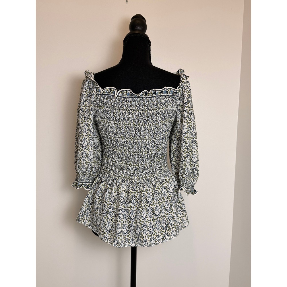 Cottagecore Romantic Boho Smocked Peplum Top Floral Print Puff Sleeves M